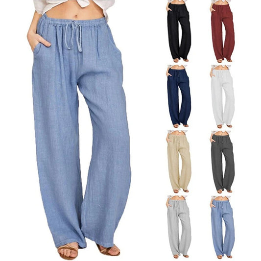 Women Cotton Linen Pants Summer and Autumn Solid High Waist Wide-Leg Trousers Female Loose Hemp Casual Breathable Sports Pants