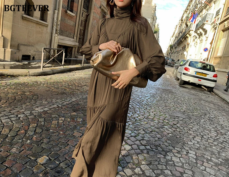 BGTEEVER Elegant Long Sleeve A-line Dress Women Mid-Long Loose Dress Female Vintage Turtleneck Spring Dress Vestidos Femme Robe