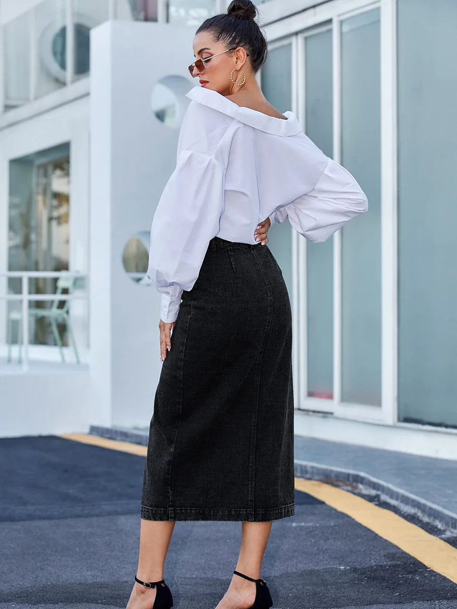 Benuynffy Sexy Streetwear Button Women Skirt Autumn Winter Elegant Denim Skirt Female High Waist Casual Bodycon Long Skirts