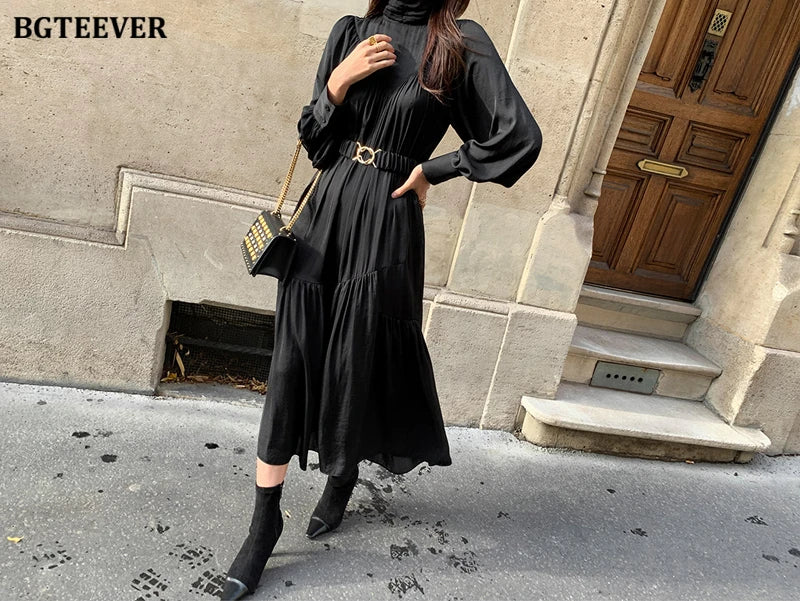 BGTEEVER Elegant Long Sleeve A-line Dress Women Mid-Long Loose Dress Female Vintage Turtleneck Spring Dress Vestidos Femme Robe