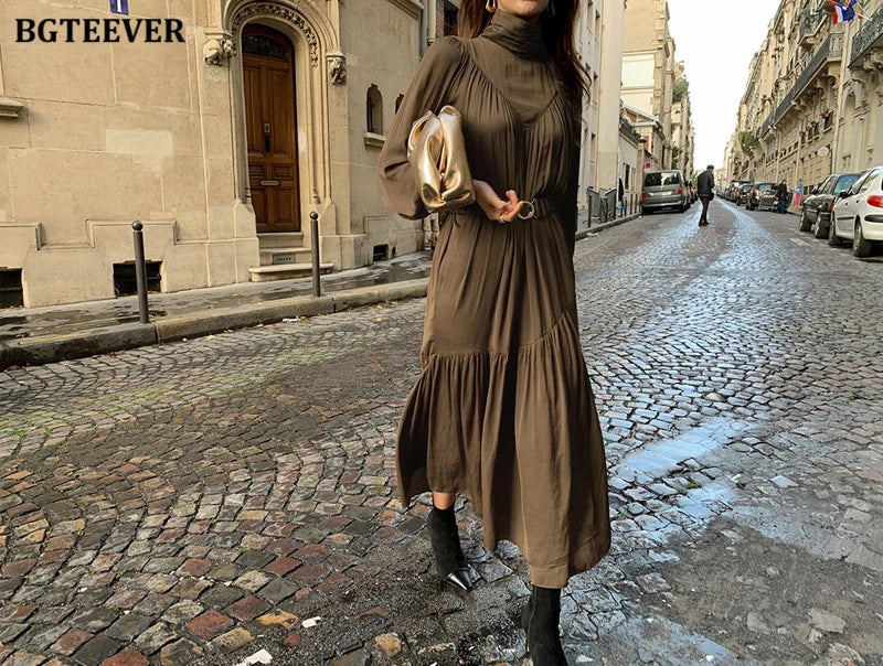 BGTEEVER Elegant Long Sleeve A-line Dress Women Mid-Long Loose Dress Female Vintage Turtleneck Spring Dress Vestidos Femme Robe