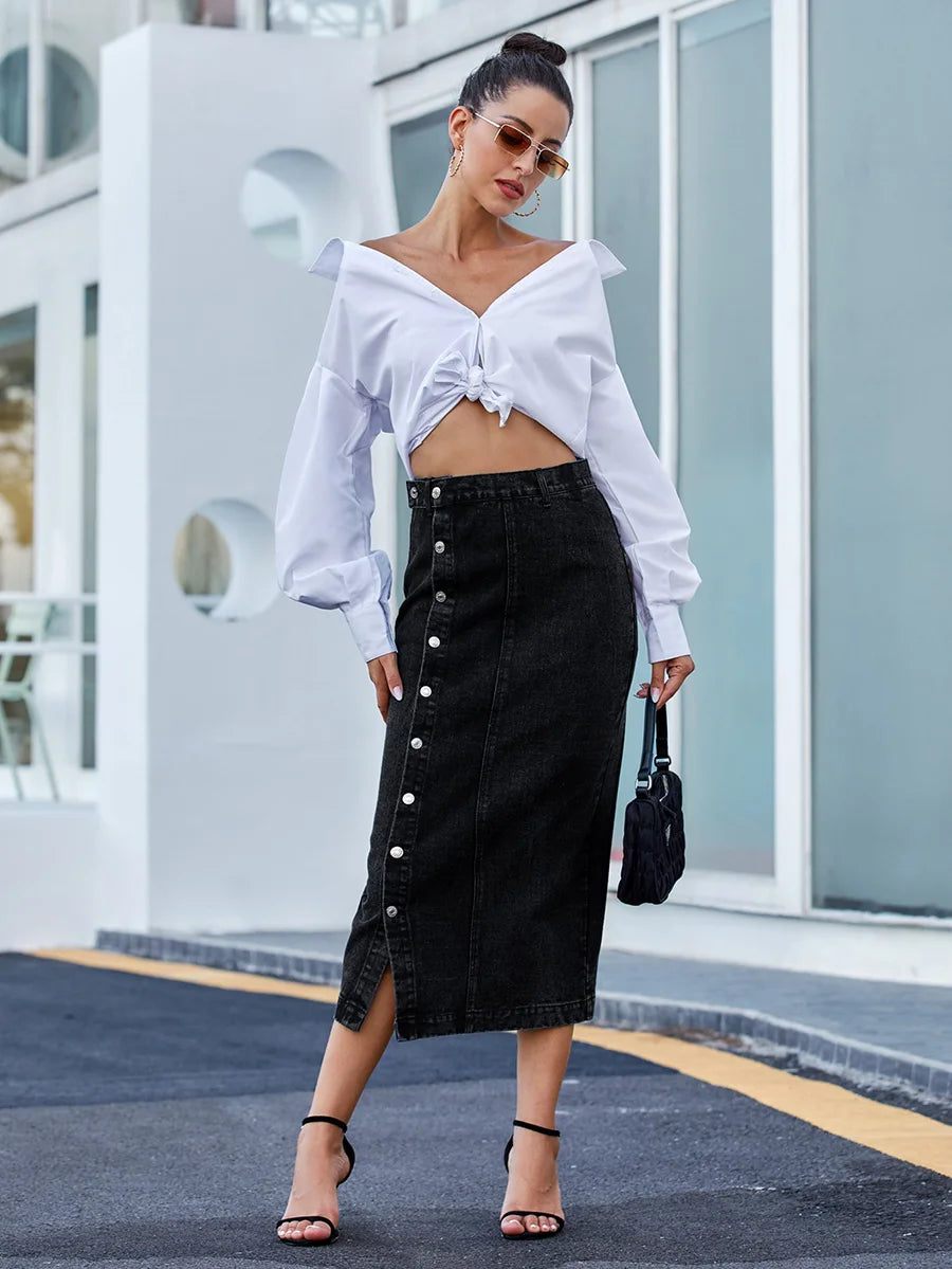 Benuynffy Sexy Streetwear Button Women Skirt Autumn Winter Elegant Denim Skirt Female High Waist Casual Bodycon Long Skirts