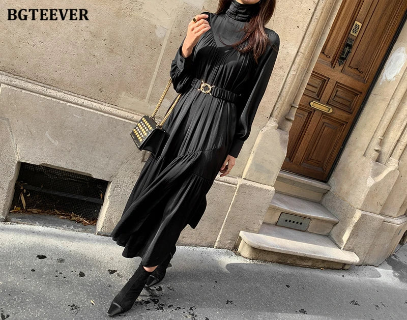 BGTEEVER Elegant Long Sleeve A-line Dress Women Mid-Long Loose Dress Female Vintage Turtleneck Spring Dress Vestidos Femme Robe