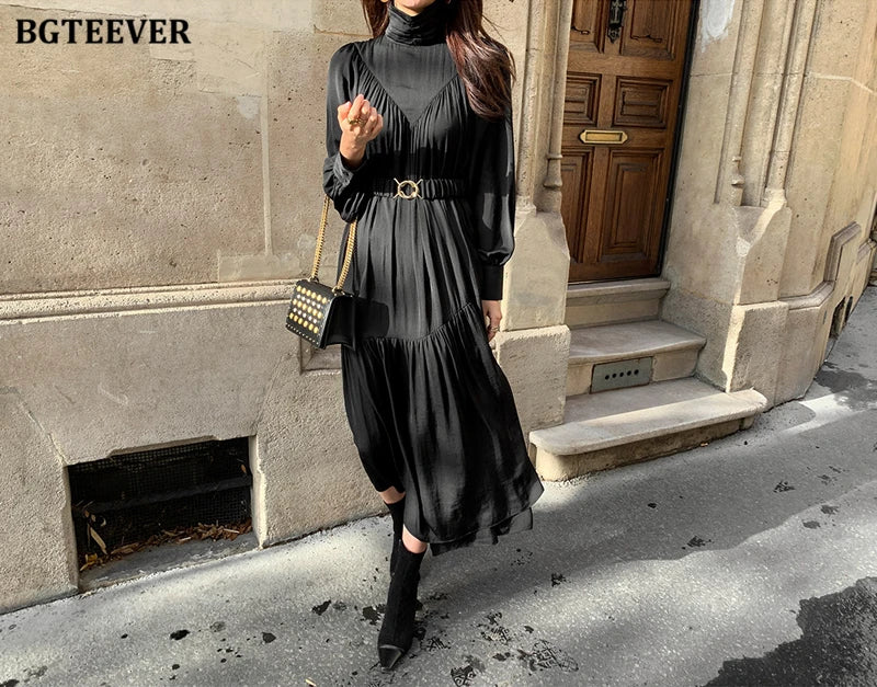 BGTEEVER Elegant Long Sleeve A-line Dress Women Mid-Long Loose Dress Female Vintage Turtleneck Spring Dress Vestidos Femme Robe