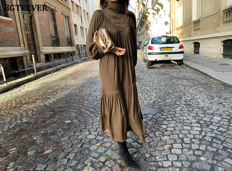 BGTEEVER Elegant Long Sleeve A-line Dress Women Mid-Long Loose Dress Female Vintage Turtleneck Spring Dress Vestidos Femme Robe