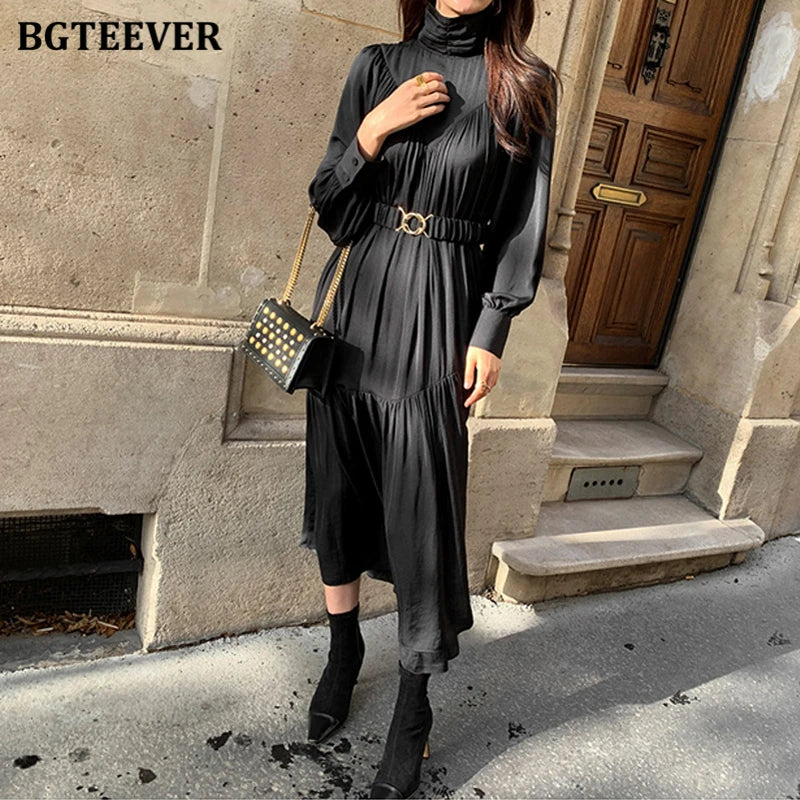 BGTEEVER Elegant Long Sleeve A-line Dress Women Mid-Long Loose Dress Female Vintage Turtleneck Spring Dress Vestidos Femme Robe