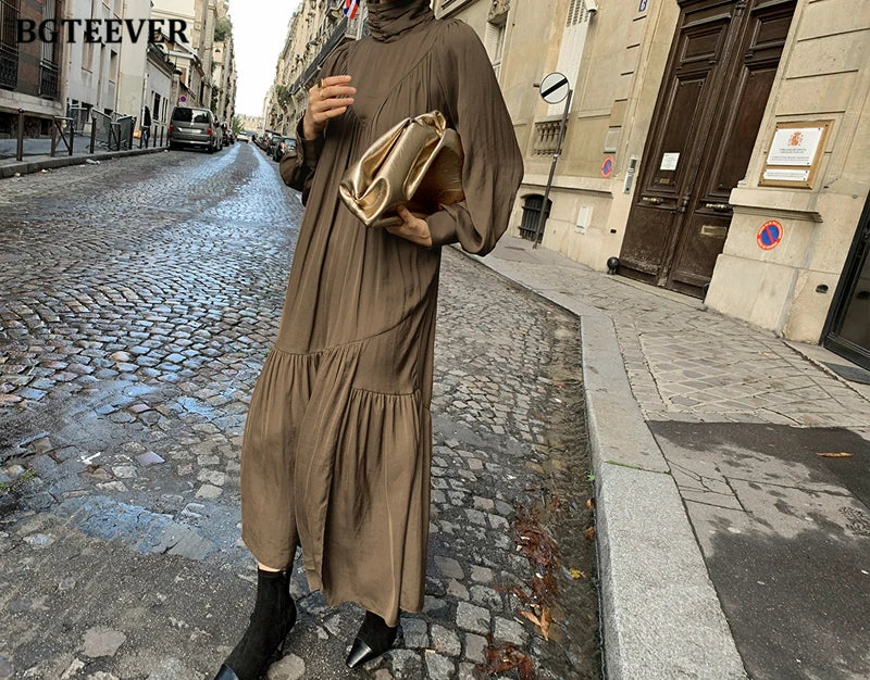 BGTEEVER Elegant Long Sleeve A-line Dress Women Mid-Long Loose Dress Female Vintage Turtleneck Spring Dress Vestidos Femme Robe