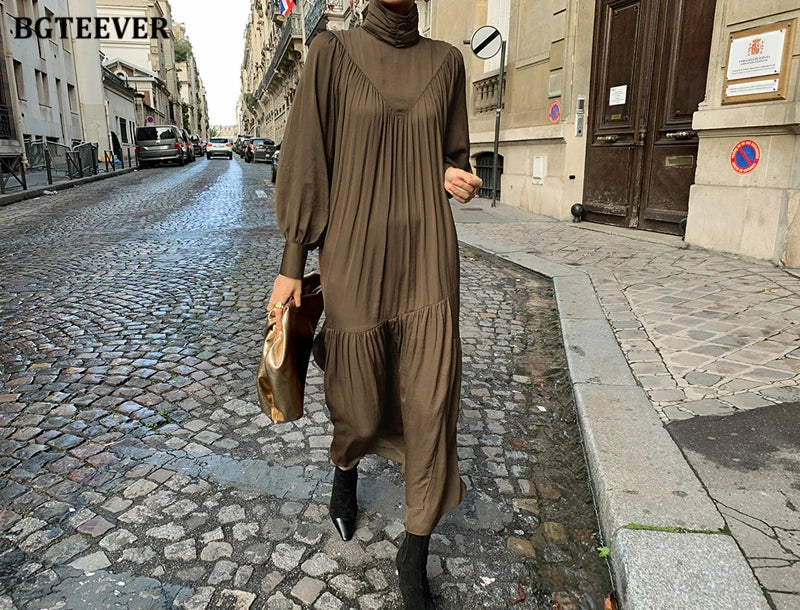 BGTEEVER Elegant Long Sleeve A-line Dress Women Mid-Long Loose Dress Female Vintage Turtleneck Spring Dress Vestidos Femme Robe