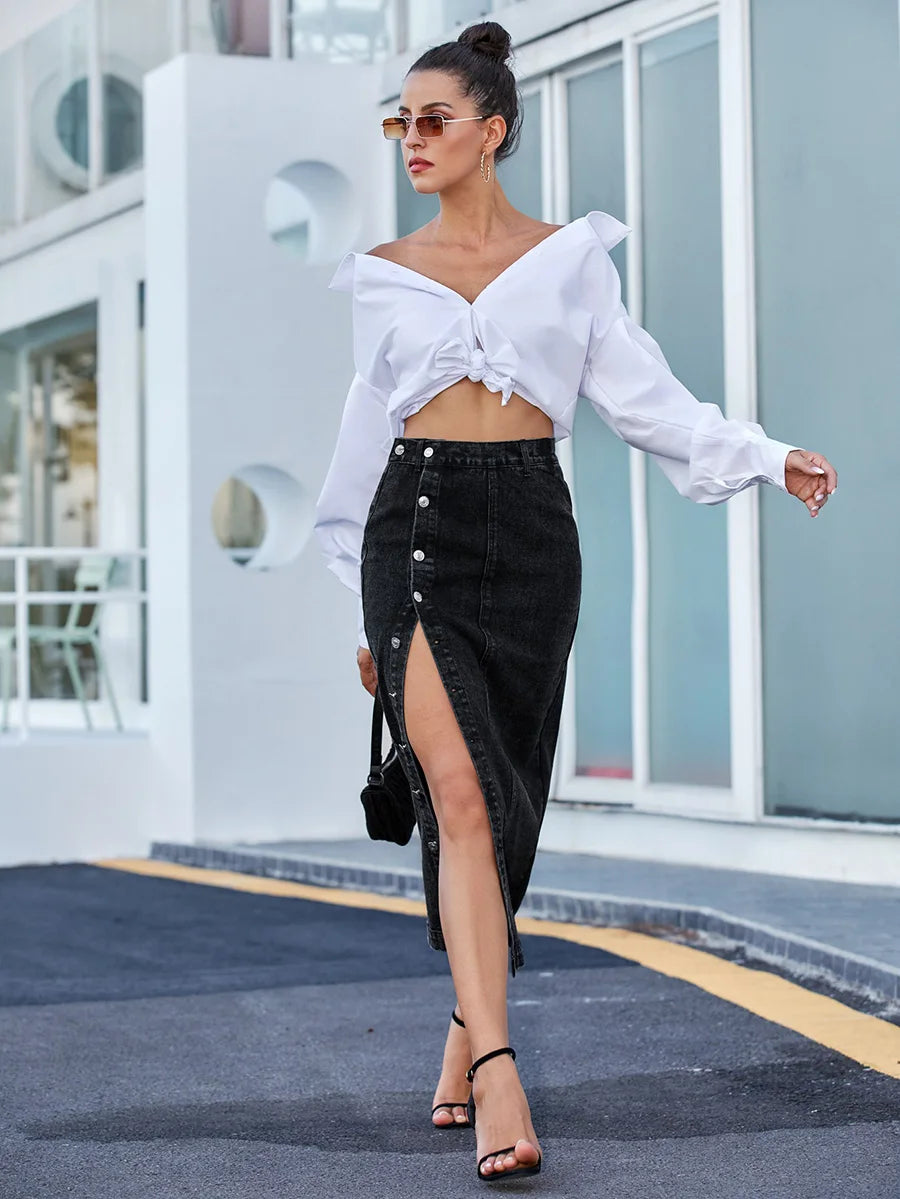 Benuynffy Sexy Streetwear Button Women Skirt Autumn Winter Elegant Denim Skirt Female High Waist Casual Bodycon Long Skirts