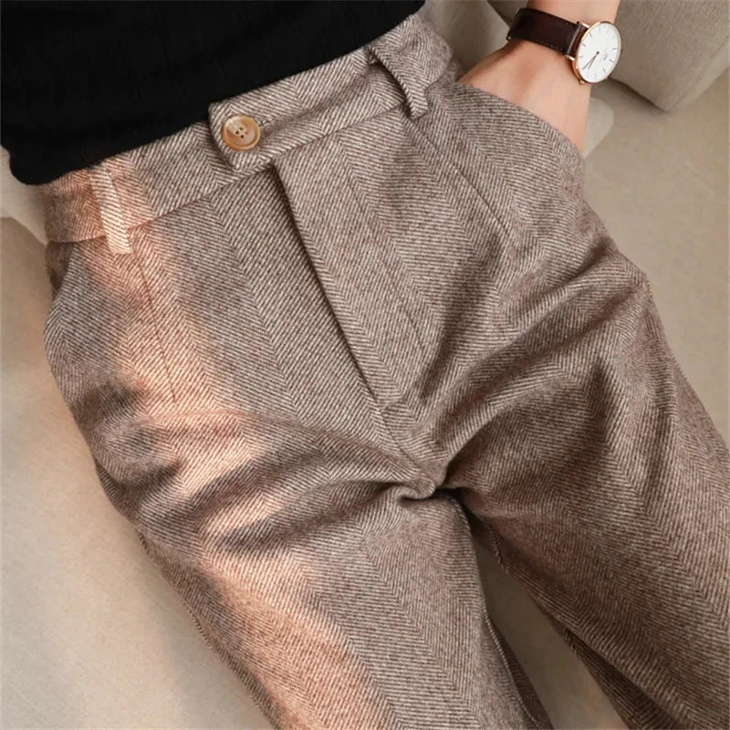 Woolen Pants Women's Harem Pencil Pants 2024 Autumn Winter High Waisted Casual Suit Pants Office Lady Women Trousers