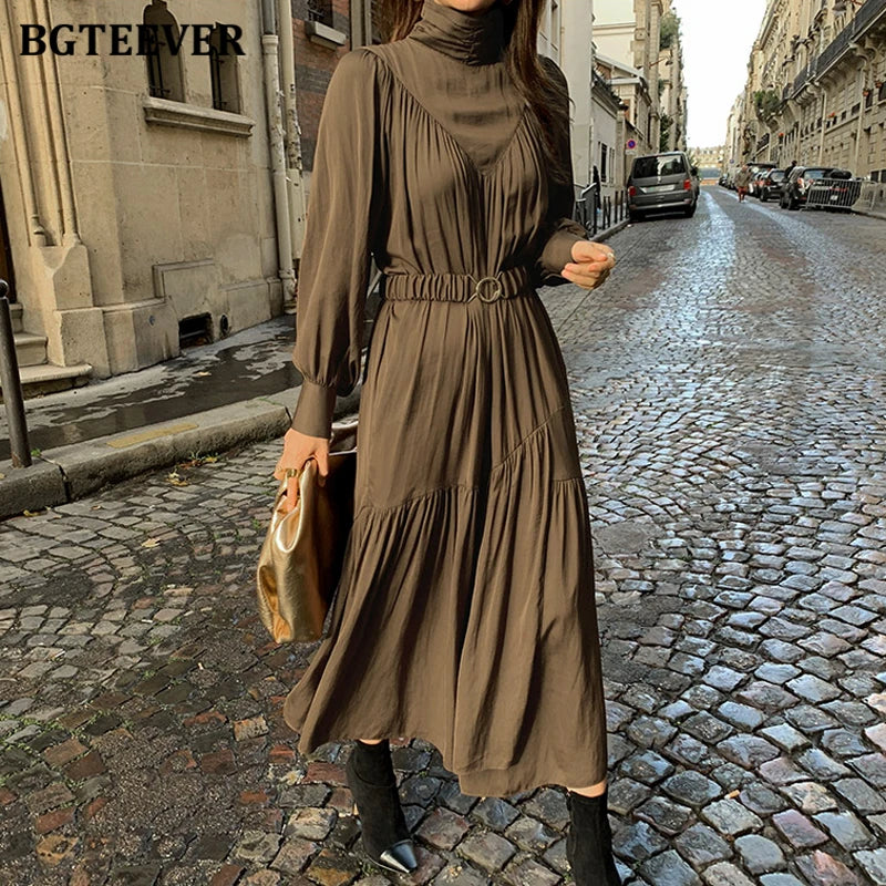 BGTEEVER Elegant Long Sleeve A-line Dress Women Mid-Long Loose Dress Female Vintage Turtleneck Spring Dress Vestidos Femme Robe