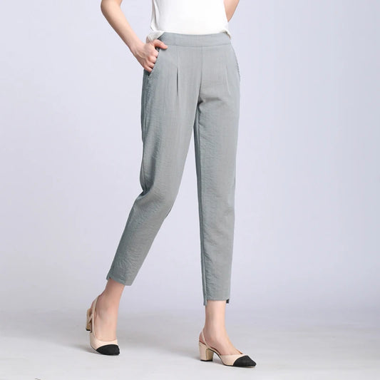 New Women Casual Harajuku Spring Summer Trousers Solid Elastic Waist Cotton Linen Pants Ankle Length Harem Pants S-4XL