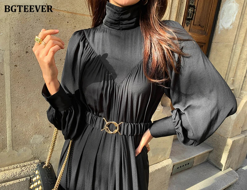 BGTEEVER Elegant Long Sleeve A-line Dress Women Mid-Long Loose Dress Female Vintage Turtleneck Spring Dress Vestidos Femme Robe