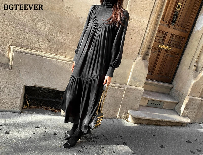 BGTEEVER Elegant Long Sleeve A-line Dress Women Mid-Long Loose Dress Female Vintage Turtleneck Spring Dress Vestidos Femme Robe