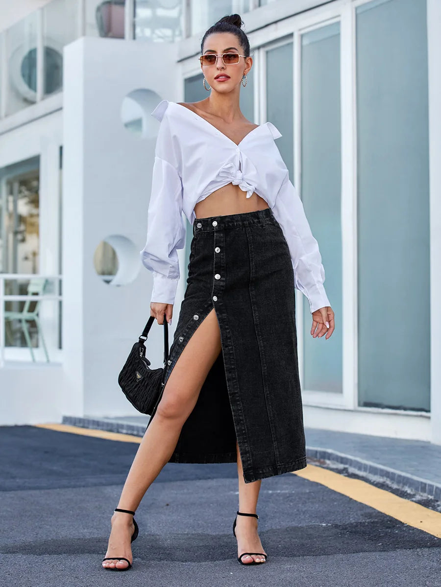 Benuynffy Sexy Streetwear Button Women Skirt Autumn Winter Elegant Denim Skirt Female High Waist Casual Bodycon Long Skirts