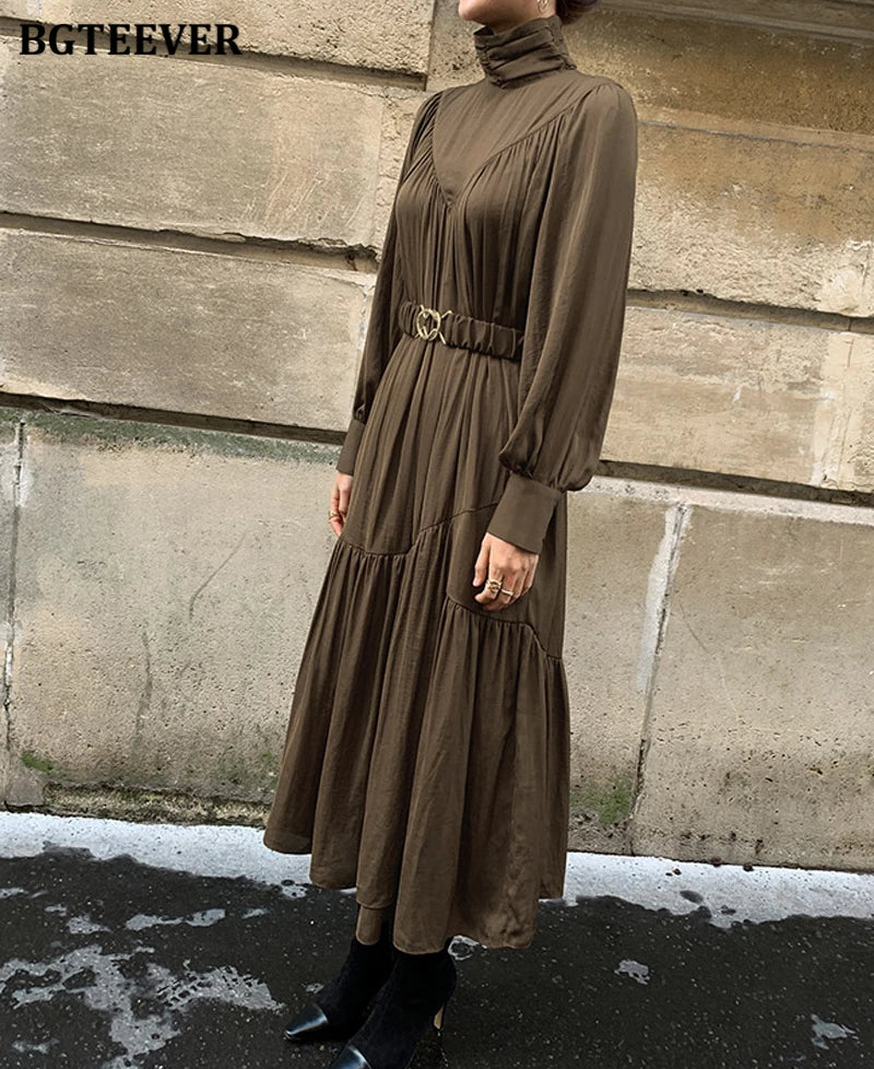 BGTEEVER Elegant Long Sleeve A-line Dress Women Mid-Long Loose Dress Female Vintage Turtleneck Spring Dress Vestidos Femme Robe