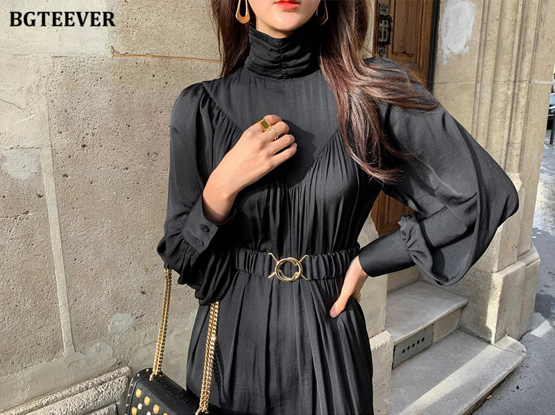 BGTEEVER Elegant Long Sleeve A-line Dress Women Mid-Long Loose Dress Female Vintage Turtleneck Spring Dress Vestidos Femme Robe