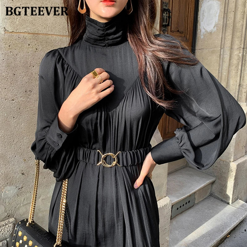 BGTEEVER Elegant Long Sleeve A-line Dress Women Mid-Long Loose Dress Female Vintage Turtleneck Spring Dress Vestidos Femme Robe