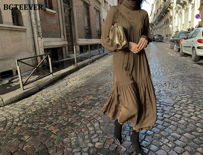 BGTEEVER Elegant Long Sleeve A-line Dress Women Mid-Long Loose Dress Female Vintage Turtleneck Spring Dress Vestidos Femme Robe