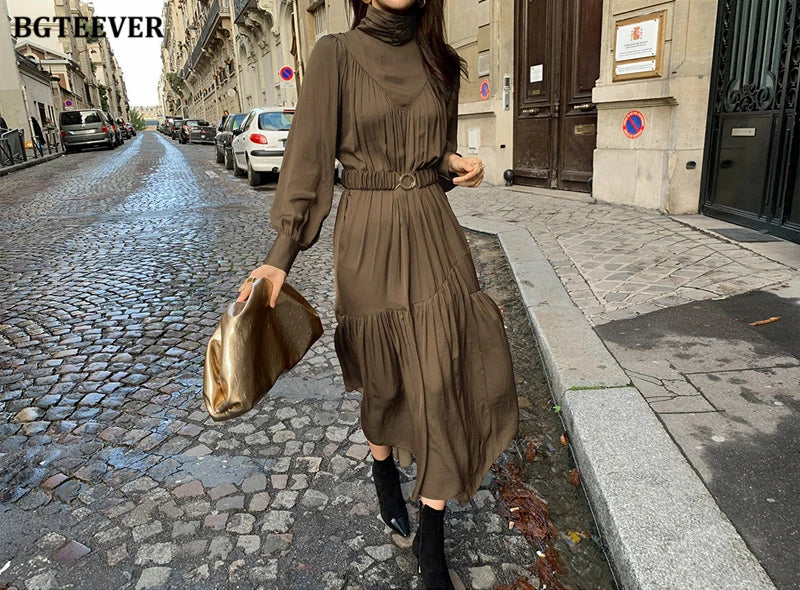 BGTEEVER Elegant Long Sleeve A-line Dress Women Mid-Long Loose Dress Female Vintage Turtleneck Spring Dress Vestidos Femme Robe