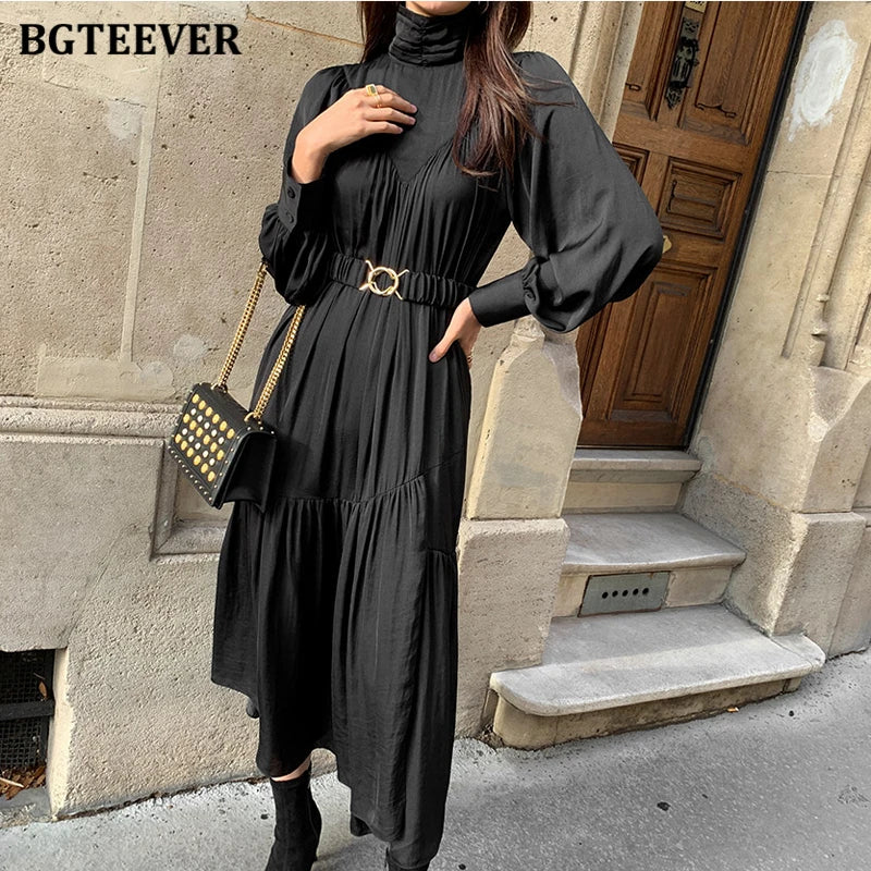 BGTEEVER Elegant Long Sleeve A-line Dress Women Mid-Long Loose Dress Female Vintage Turtleneck Spring Dress Vestidos Femme Robe