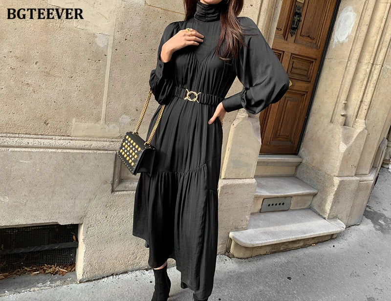 BGTEEVER Elegant Long Sleeve A-line Dress Women Mid-Long Loose Dress Female Vintage Turtleneck Spring Dress Vestidos Femme Robe