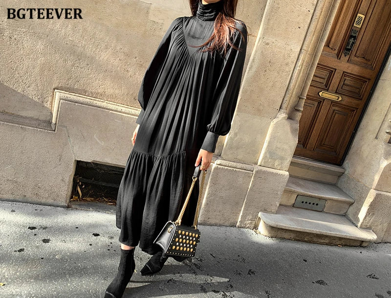 BGTEEVER Elegant Long Sleeve A-line Dress Women Mid-Long Loose Dress Female Vintage Turtleneck Spring Dress Vestidos Femme Robe