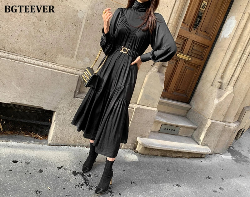 BGTEEVER Elegant Long Sleeve A-line Dress Women Mid-Long Loose Dress Female Vintage Turtleneck Spring Dress Vestidos Femme Robe