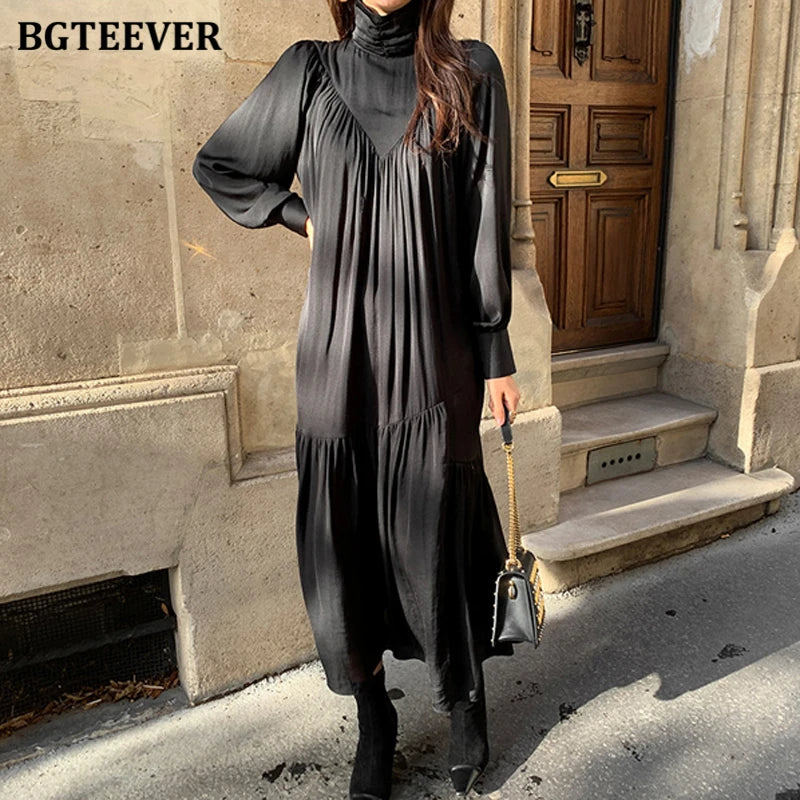 BGTEEVER Elegant Long Sleeve A-line Dress Women Mid-Long Loose Dress Female Vintage Turtleneck Spring Dress Vestidos Femme Robe