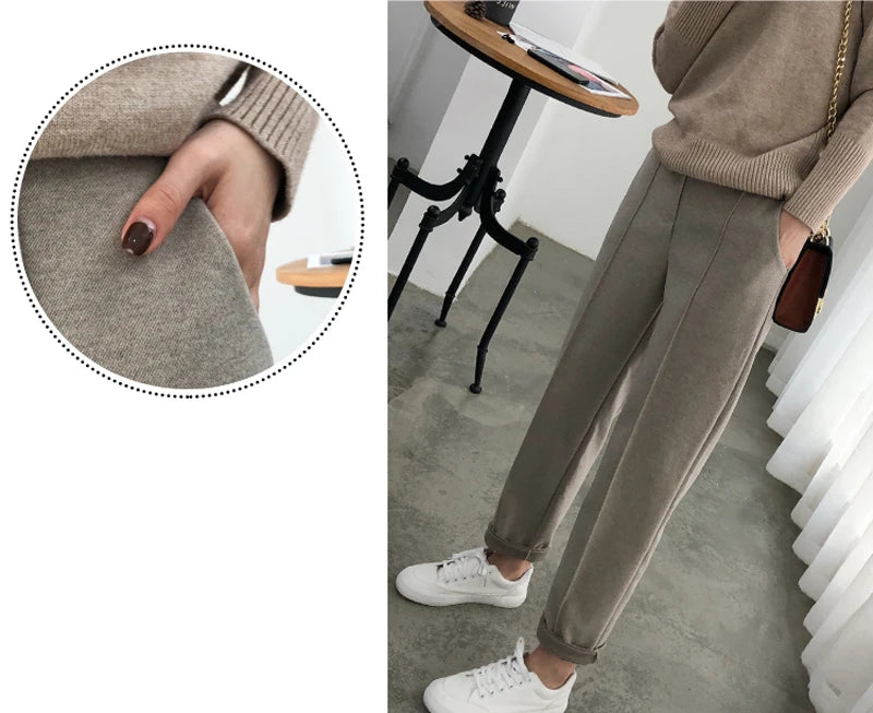 Casual High Waist Woolen Harem Pants Women Capris Autumn and Winter Wool Pencil Pants Female Loose Women Trousers Pantalon 6648