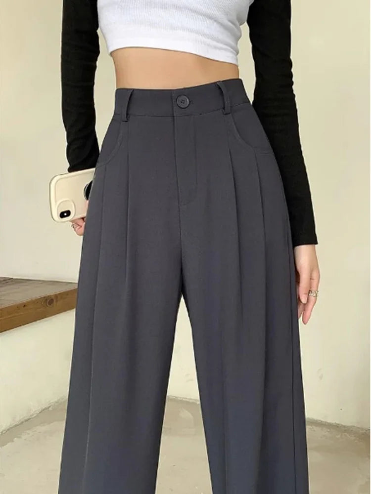 Women Fashion Suit Pants Lady Baggy High Waist Wide Leg Breathable Trousers Lady Straight Leg Slacks Gray Coffee Classic Pants