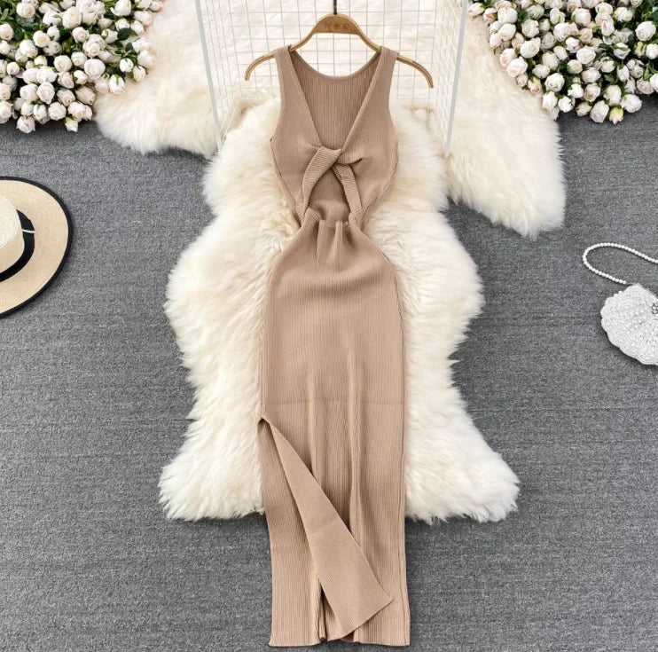 OCEANLOVE Korean Knitted Robe Femme Summer V Neck Sleeveless Kink Hollow Out Sexy Slim Bodycon Dress Split Fork Long Vestidos