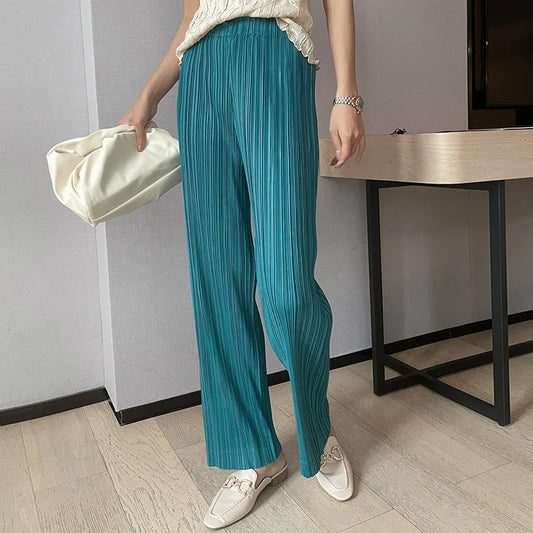 Miyake Pleats Classic Solid Color Simple Drape Straight-leg Pants Women 2023 Summer High Elastic Waist All-matched Pants