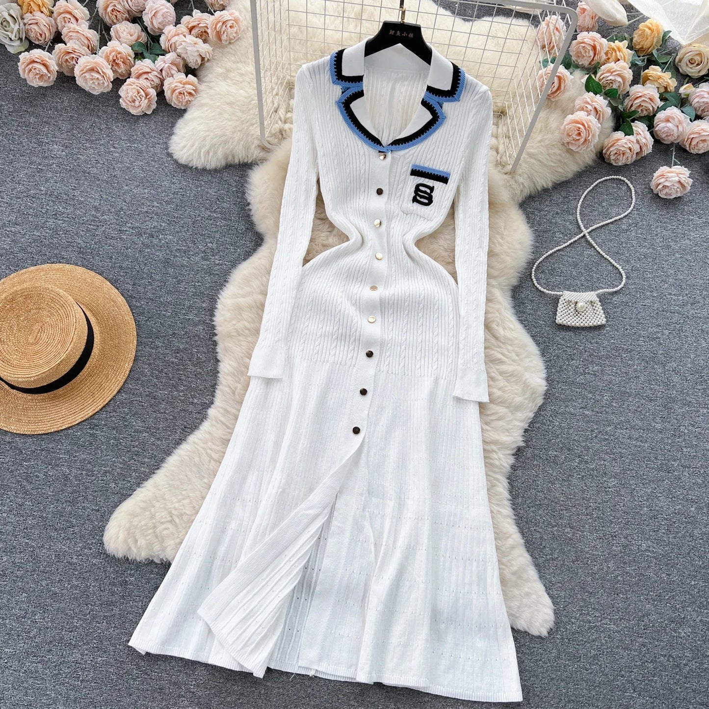 Women Elegant Knitted Dress Spring Autumn Long Sleeve Sexy V-neck Bodyon Dresses Ladies Slim A-line Single Breasted Sweater Robe