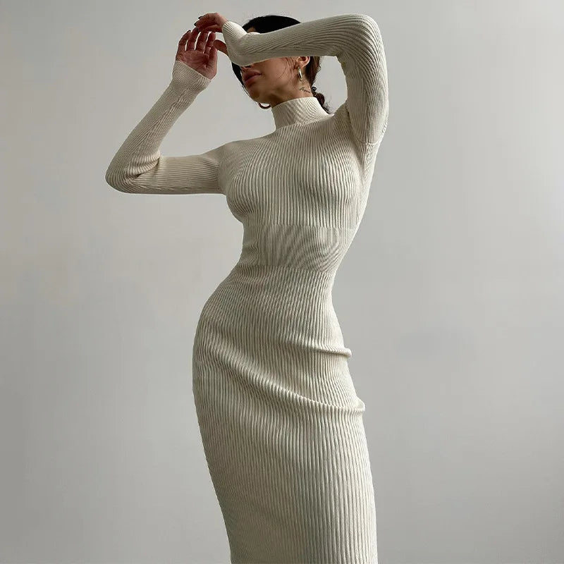 2022 Autumn Winter Midi Sweater Dress Women Casual Ribbed Knitted Turtleneck Long Sleeve Dresses Outfits Bodycon Sexy Club Party