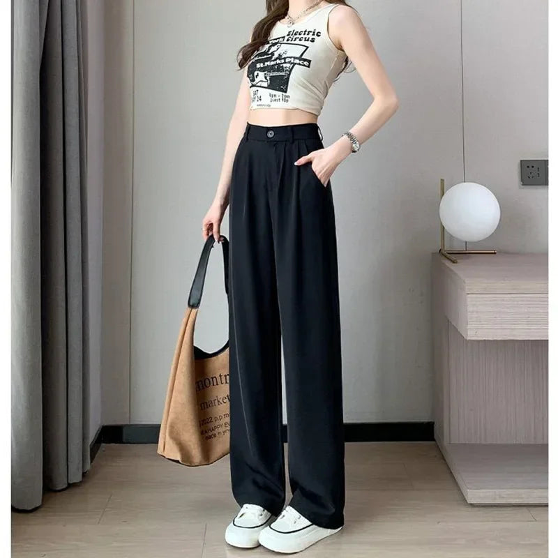 Women Suit Pants Lady Baggy High Waist Wide Leg Solid Color Trousers Female Designer Straight Leg Mom Classic Office Pant Slacks