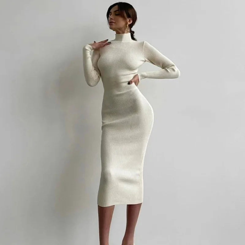 2022 Autumn Winter Midi Sweater Dress Women Casual Ribbed Knitted Turtleneck Long Sleeve Dresses Outfits Bodycon Sexy Club Party