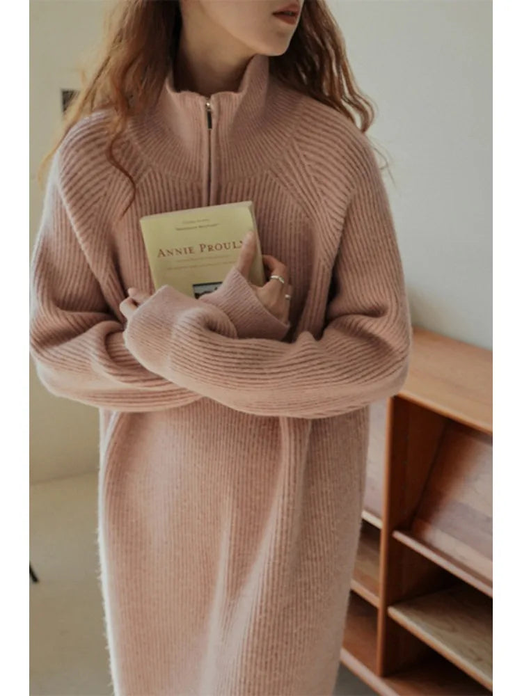 Turn-Down Collar Dress Women Knitted Basics Long Sleeved Daily Loose Female Sweater Casual Comfortable Dress Autumn Winter