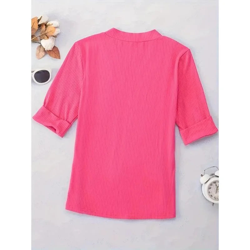 Summer Plus Size Casual V-neck Women's T-shirt Fashionable Solid Color Micro Elastic Women's Short Sleeved Top