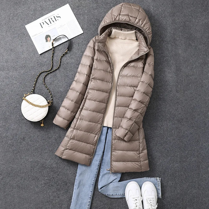 Women's X-long Office Lady Hat Detachable Puffer Jackets 2023 New Arrival Autumn Winter White Duck Down Warm Coat