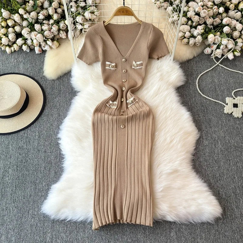 YuooMuoo Women Dress 2024 New Chic Fashion Sexy Package Hips Knitted Summer Dress Office Lady Bodycon Long Dress Party Vestidos