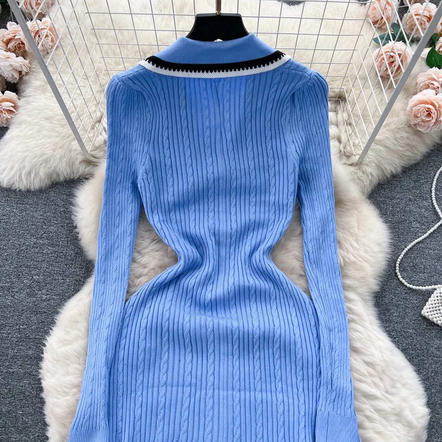 Women Elegant Knitted Dress Spring Autumn Long Sleeve Sexy V-neck Bodyon Dresses Ladies Slim A-line Single Breasted Sweater Robe