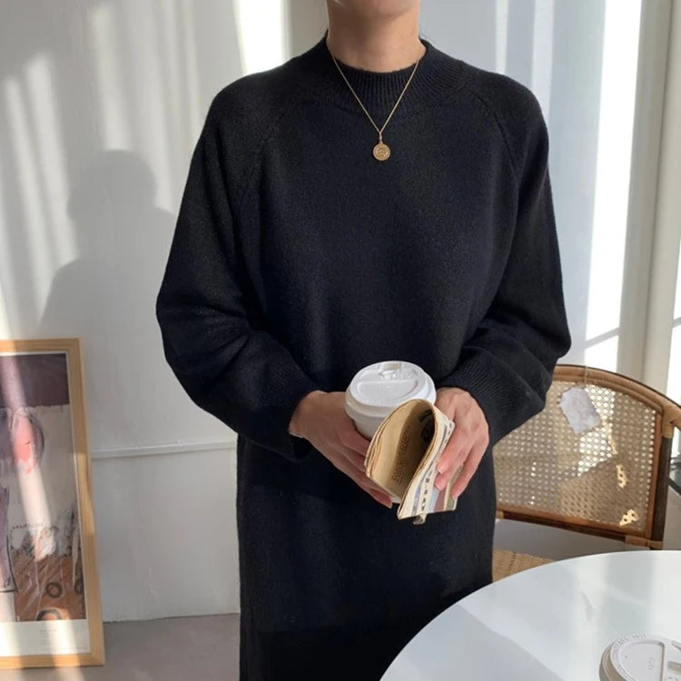 REALEFT Autumn Winter 2023 New O-Neck Casual Loose Knitted Dress Female Straight Long Sleeve Oversize Sweater Womens Long Dress