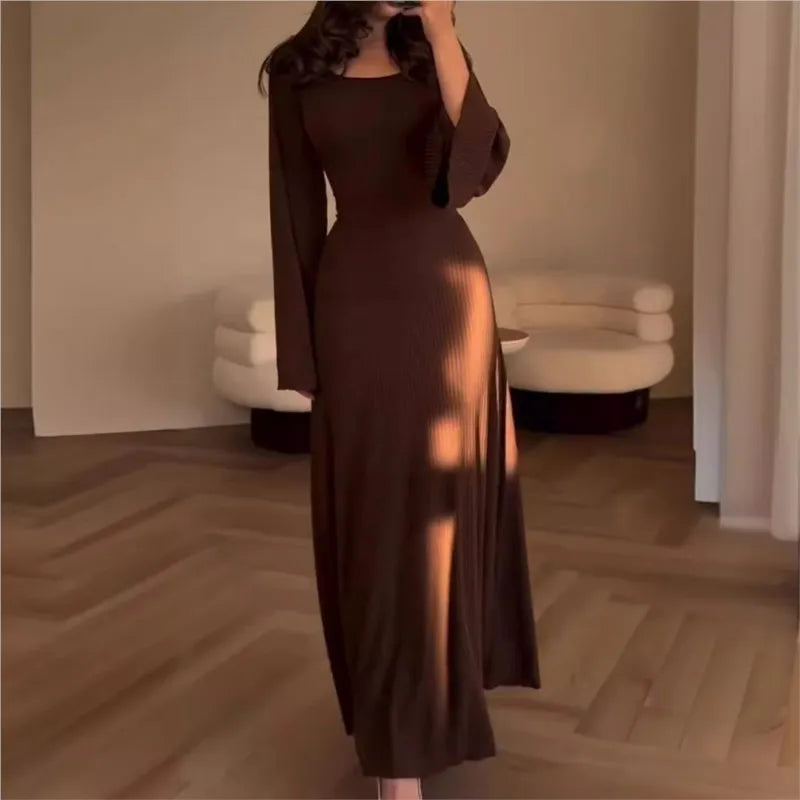 Vintage U Neck Long Dress for Women Autumn Long Trumpet Sleeve Evening Dresses Female Elegant Bandage Maxi Dress Lady Vestidos