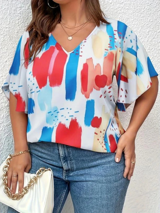 New Plus Size Women's Fashion Trend V-neck Printed Short Sleeved T-shirt Women's Plus Size Printed Casual Top