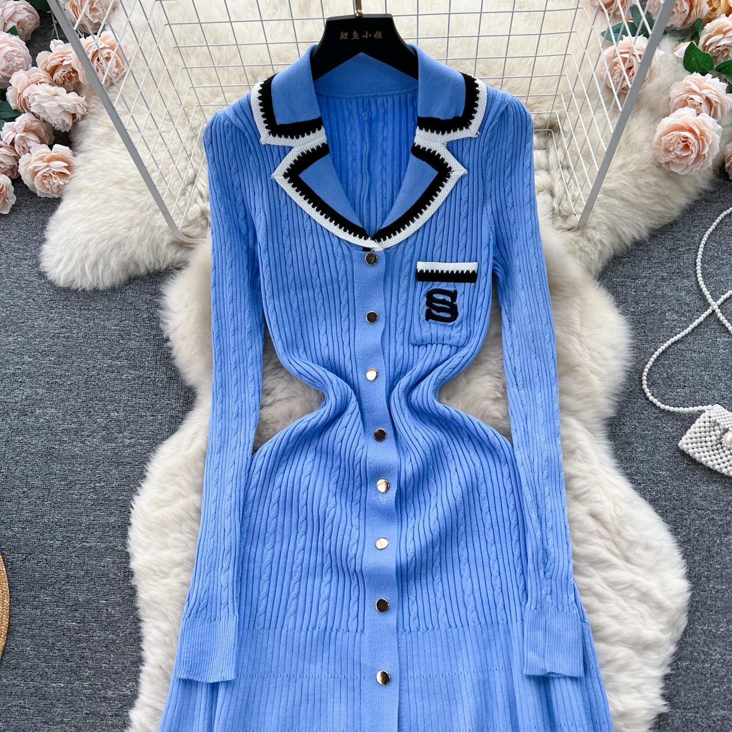 Women Elegant Knitted Dress Spring Autumn Long Sleeve Sexy V-neck Bodyon Dresses Ladies Slim A-line Single Breasted Sweater Robe