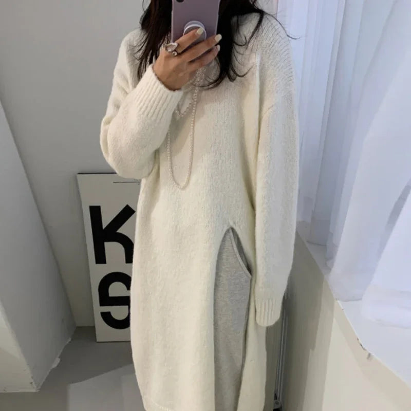 Winter Women Knitted Dress y2k V Neck Sexy Slim Elastic Loose Basic Bodycon Sweater Dress Winter knit Autumn Warm Long Dress