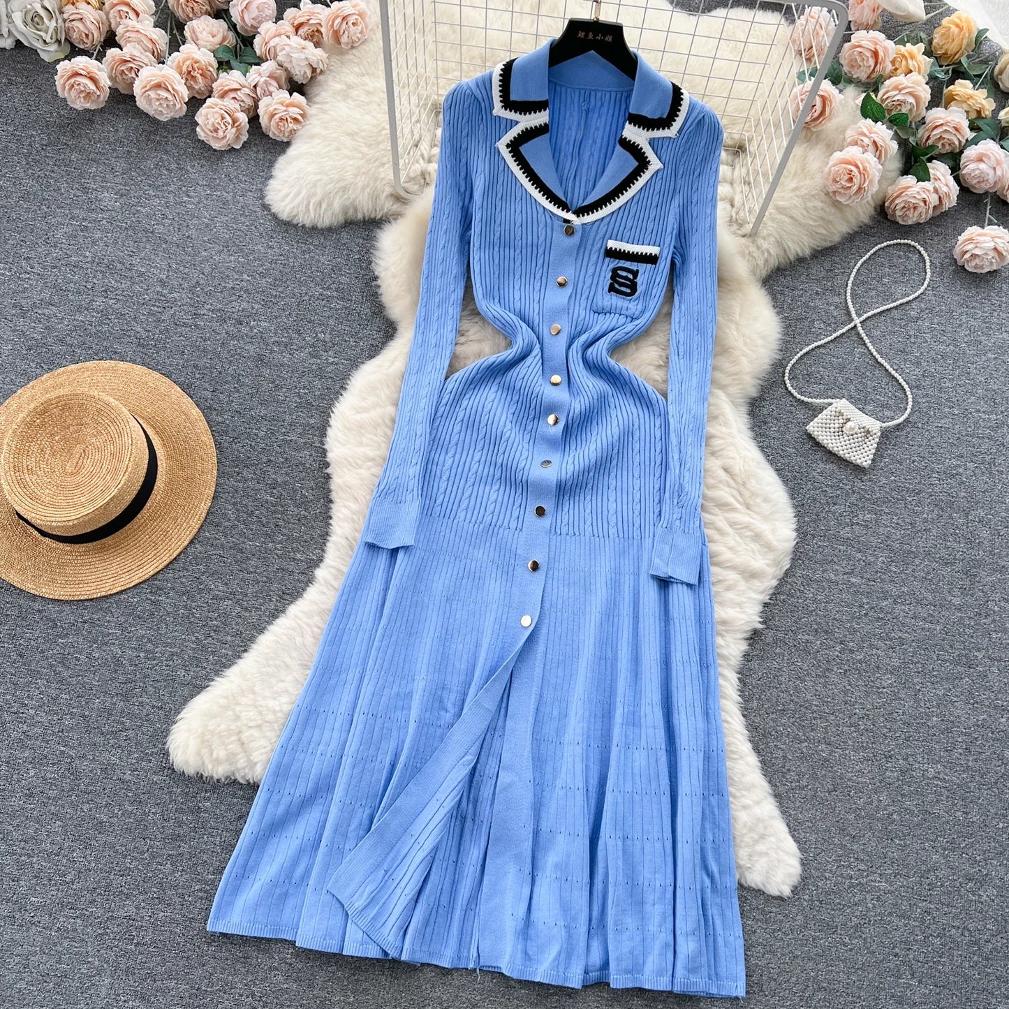 Women Elegant Knitted Dress Spring Autumn Long Sleeve Sexy V-neck Bodyon Dresses Ladies Slim A-line Single Breasted Sweater Robe