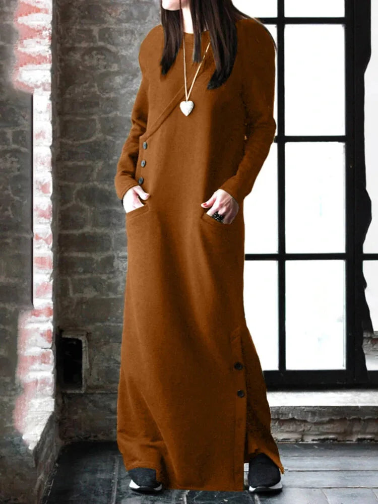 Women Winter Warm Dress New Autumn Basic Maxi Dress Celmia Long Fleece Sweatshirt Casual Pullovers Long Sleeve Button Vestidos