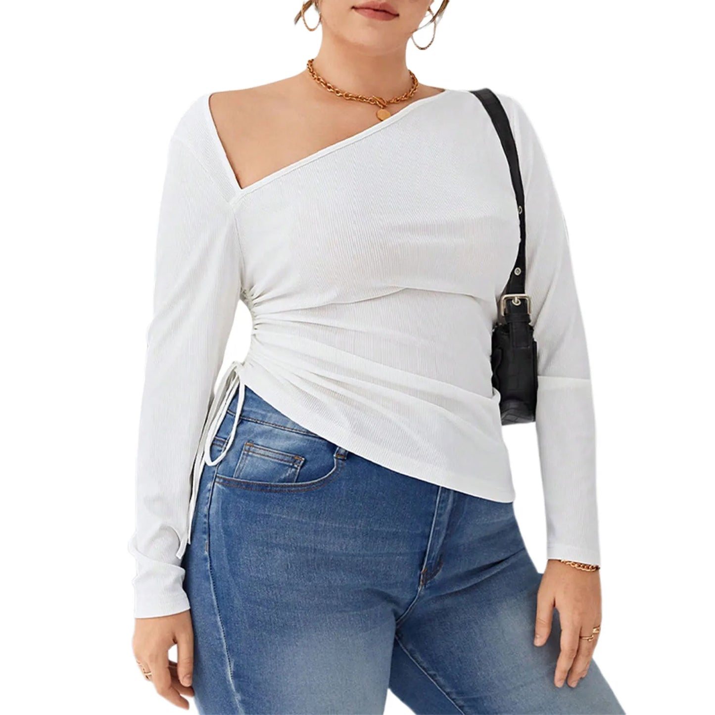 Women s Casual Loose Fit V-Neck Short Sleeve Tunic Tops with Side Slit and Drawstring Detail for Plus Size